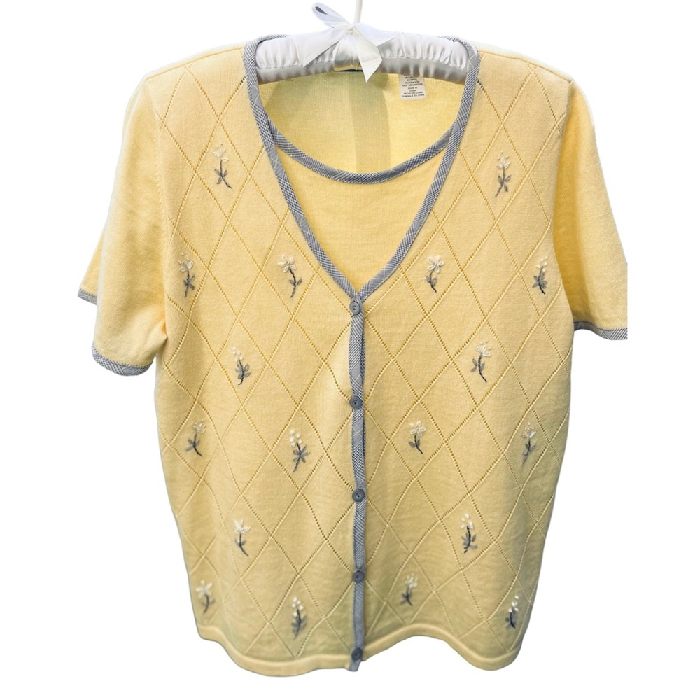 Alfred Dunner Cardigan Top Buttercup Yellow Embroidered Coastal Granny Petite L